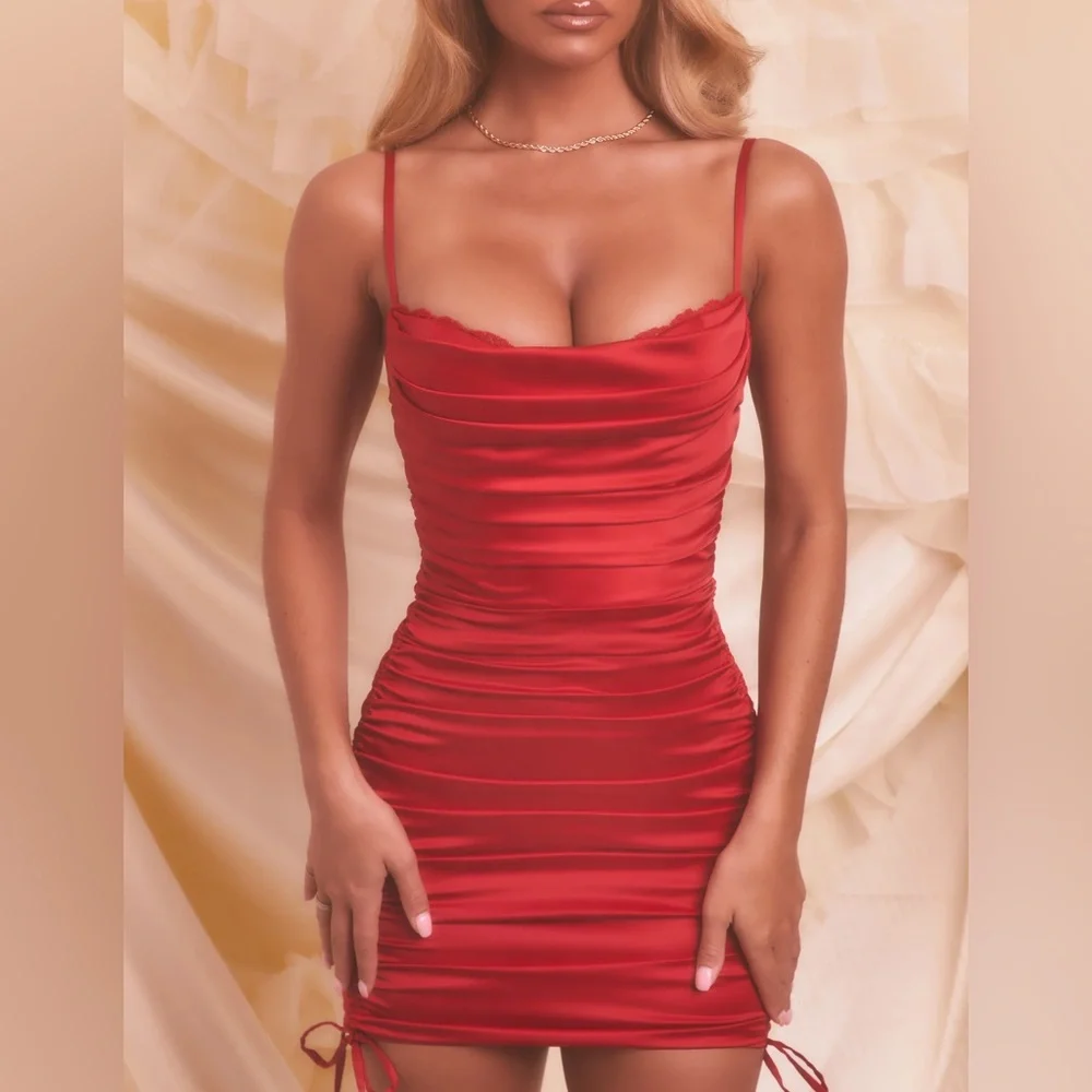 Oh Polly All For You Lace Trim Cowl Neck Satin Red Mini Dress holiday event - Picture 1 of 10